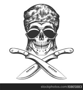 Human skull with machete. Vector Illustration drawn in tattoo style.
