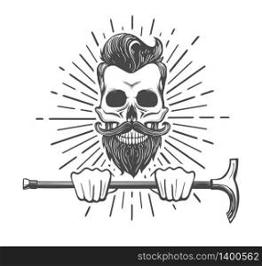 Human Skull with mustache and beard holds walking stick. Vector illustration.