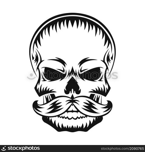 Human skull with mustache. Black silhouette. Design element. Hand drawn sketch. Vintage style. Vector illustration.