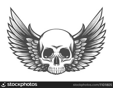 Human Skull with Wings tattoo drawn in Engraving style. Vector illustration.