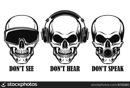 Human skulls in headphones, virtual reality headset and ball gag with wording Don't See, Hear, Speak. Vector illustration.