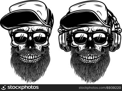 Human skulls with sunglases, baseball cap and headphones. Design element for logo, label, emblem, sign. Vector illustration