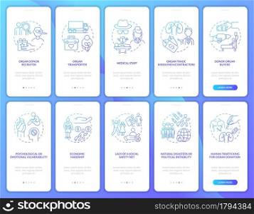 Human slavery related onboarding mobile app page screen set. People slavery walkthrough 5 steps graphic instructions with concepts. UI, UX, GUI vector template with linear color illustrations. Human slavery related onboarding mobile app page screen set
