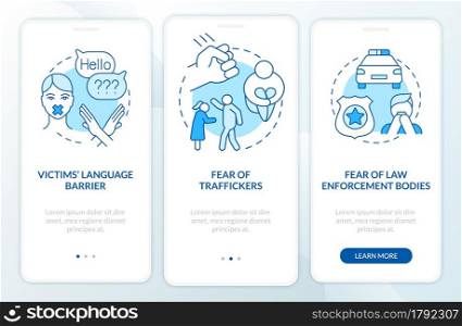 Human slavery victims onboarding mobile app page screen. Stress aftermath walkthrough 3 steps graphic instructions with concepts. UI, UX, GUI vector template with linear color illustrations. Human slavery victims onboarding mobile app page screen