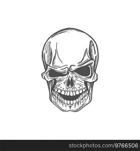 Human smiling skull with winking eye isolated sketch. Vector monochrome head skeleton gives a wink. Smiling skull give wink isolated monochrome sketch