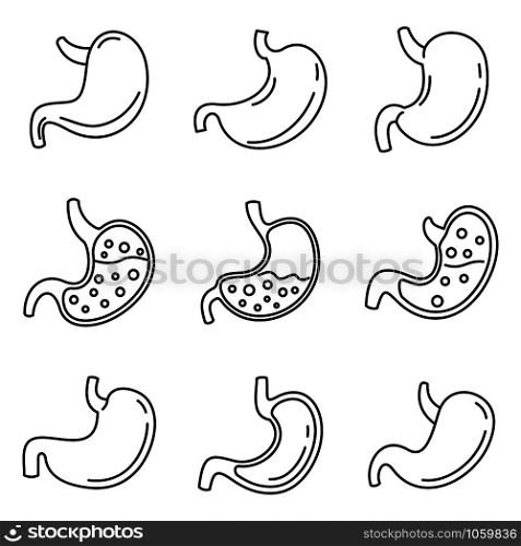 Human stomach icons set. Outline set of human stomach vector icons for web design isolated on white background. Human stomach icons set, outline style
