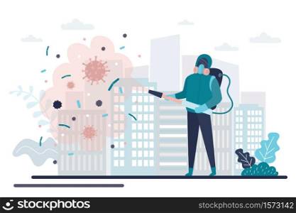 Human stops spread of virus and disease. Worker in protective uniform on a city street. Protection against virus infection. Health care concept. Global epidemic or pandemic. Vector illustration