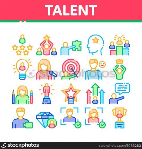 Human Talent Collection Elements Icons Set Vector Thin Line. Idea And Target, Diamond And Star, Signer, Speaker And Actor Talent Concept Linear Pictograms. Monochrome Contour Illustrations. Human Talent Collection Elements Icons Set Vector
