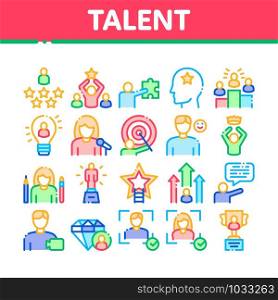 Human Talent Collection Elements Icons Set Vector Thin Line. Idea And Target, Diamond And Star, Signer, Speaker And Actor Talent Concept Linear Pictograms. Monochrome Contour Illustrations. Human Talent Collection Elements Icons Set Vector