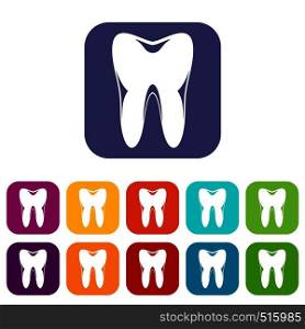 Human tooth icons set vector illustration in flat style in colors red, blue, green, and other. Human tooth icons set