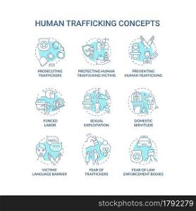 Human trade blue concept icons set. Human trade and slavery idea thin line color illustrations. Sexual exploitation. Victims psychological problems. Vector isolated outline drawings. Editable stroke. Human trade blue concept icons set