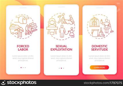 Human trading forms onboarding mobile app page screen. Bondage and slavery walkthrough 3 steps graphic instructions with concepts. UI, UX, GUI vector template with linear color illustrations. Human trading forms onboarding mobile app page screen
