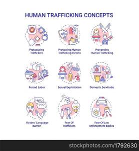 Human trafficking concept icons set. Illegal slavery and exploitation idea thin line color illustrations. Human trade. Post traumatic mental issues. Vector isolated outline drawings. Editable stroke. Human trafficking concept icons set
