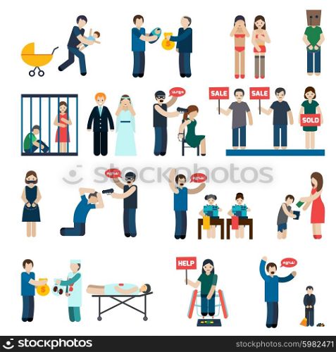 Human Trafficking Flat Icons Set. Human trafficking flat pictograms collection with victims organs extraction and child forced labor abstract isolated vector illustration