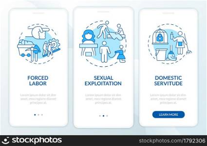 Human trafficking forms onboarding mobile app page screen. Trafficking forms walkthrough 3 steps graphic instructions with concepts. UI, UX, GUI vector template with linear color illustrations. Human trafficking forms onboarding mobile app page screen