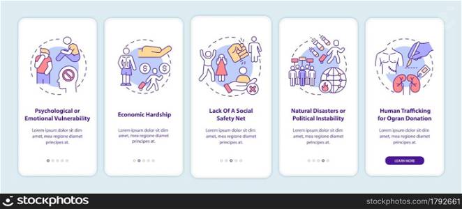 Human trafficking reasons onboarding mobile app page screen. Causes for human trade walkthrough 5 steps graphic instructions with concepts. UI, UX, GUI vector template with linear color illustrations. Human trafficking reasons onboarding mobile app page screen