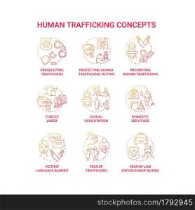 Human trafficking red concept icon set. Human smuggling idea thin line color illustrations. Forced labour and coercion. Mental trauma after abduction. Vector isolated outline drawings. Human trafficking red concept icon set