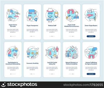 Human trafficking related onboarding mobile app page screen set. Organ trade walkthrough 5 steps graphic instructions with concepts. UI, UX, GUI vector template with linear color illustrations. Human trafficking related onboarding mobile app page screen set