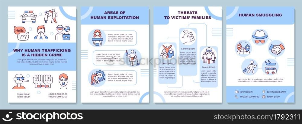Human trafficking, smuggling and exploitation brochure template. Flyer, booklet, leaflet print, cover design with linear icons. Vector layouts for presentation, annual reports, advertisement pages. Human trafficking, smuggling and exploitation brochure template