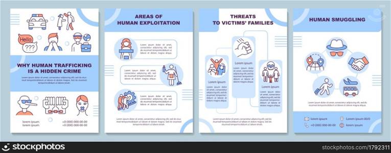 Human trafficking, smuggling and exploitation brochure template. Flyer, booklet, leaflet print, cover design with linear icons. Vector layouts for presentation, annual reports, advertisement pages. Human trafficking, smuggling and exploitation brochure template