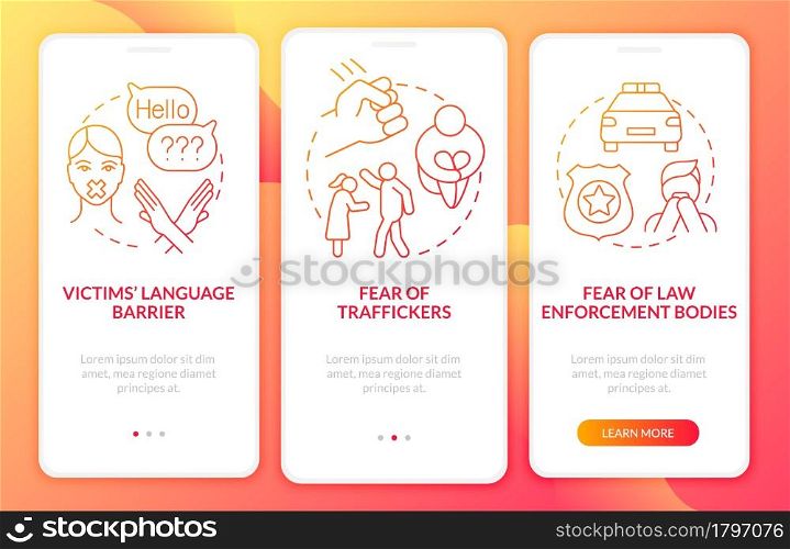 Human trafficking survivor onboarding mobile app page screen. Traumatic aftermath walkthrough 3 steps graphic instructions with concepts. UI, UX, GUI vector template with linear color illustrations. Human trafficking survivor onboarding mobile app page screen