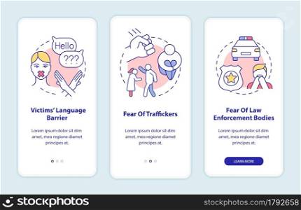 Human trafficking victims onboarding mobile app page screen. Post traumatic disoders walkthrough 3 steps graphic instructions with concepts. UI, UX, GUI vector template with linear color illustrations. Human trafficking victims onboarding mobile app page screen