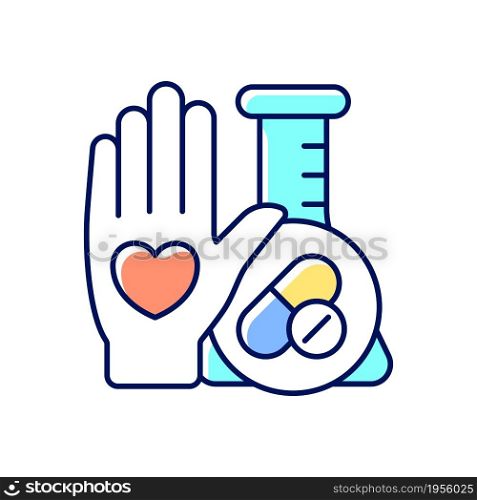 Human volunteer research RGB color icon. Contribute to medical advances. Volunteering for clinical studies. Testing investigational drugs. Isolated vector illustration. Simple filled line drawing. Human volunteer research RGB color icon