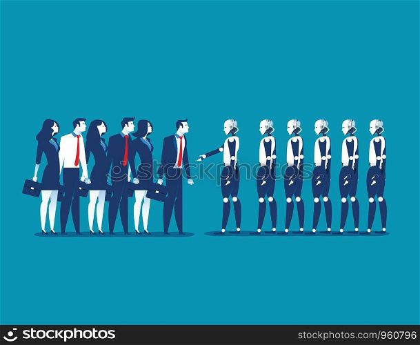 Human vs robot, Business people standing with robot. Concept business automation future illustration. Vector cartoon character and abstract