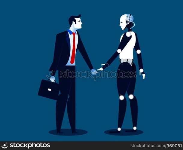 Human vs robot,Businessman standing with robot. Concept business automation future illustration. Vector cartoon character and abstract