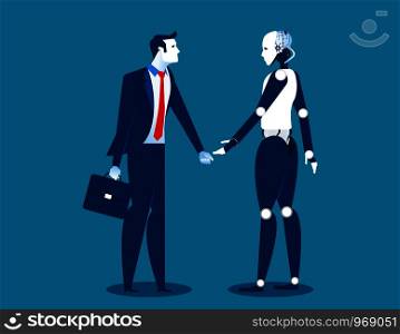 Human vs robot,Businessman standing with robot. Concept business automation future illustration. Vector cartoon character and abstract