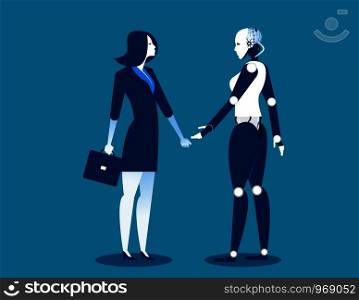Human vs robot,Businesswoman standing with robot. Concept business automation future illustration. Vector cartoon character and abstract