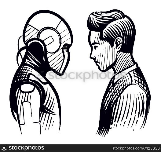 Human vs robot. Conflict of artificial intelligence and human mind. Employee replacement sketch vector concept. Human mind intelligence and artificial robot brain illustration. Human vs robot. Conflict of artificial intelligence and human mind. Employee replacement sketch vector concept