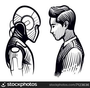 Human vs robot. Conflict of artificial intelligence and human mind. Employee replacement sketch vector concept. Human mind intelligence and artificial robot brain illustration. Human vs robot. Conflict of artificial intelligence and human mind. Employee replacement sketch vector concept