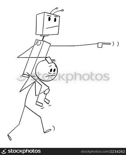 Human walking and carrying robot boss or master on his shoulders, vector cartoon stick figure or character illustration.. Human Carrying Robot on his Shoulders , Vector Cartoon Stick Figure Illustration