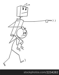Human walking and carrying robot boss or master on his shoulders, vector cartoon stick figure or character illustration.. Human Carrying Robot on his Shoulders , Vector Cartoon Stick Figure Illustration