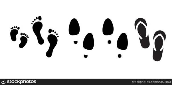 Human Walking people footprints, baby feet, bare feet, shoes, slipper and shoe sole signs. Vector foot step silhouette print icons. Kids feets steps footprint for walk person, man or woman.