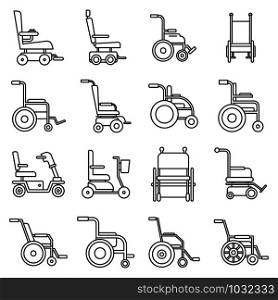 Human wheelchair icons set. Outline set of human wheelchair vector icons for web design isolated on white background. Human wheelchair icons set, outline style