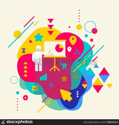 Human with a pointer on abstract colorful spotted background with different elements. Flat design.