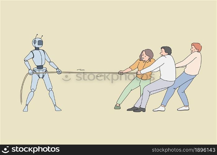 Human workers pulling the rope against robotic worker. Vector concept illustration of fighting between artificial intelligence technology and business people.. Human workers pulling the rope against robotic worker.