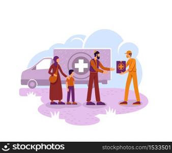 Humanitarian aid 2D vector web banner, poster. Voluntary organization flat characters on cartoon background. Food donation for refugees printable patch, colorful web element. Humanitarian aid 2D vector web banner, poster