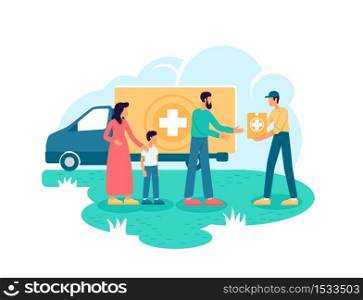 Humanitarian aid 2D vector web banner, poster. Voluntary organization flat characters on cartoon background. Medical help. Donation for people in need printable patch, colorful web element. Humanitarian aid 2D vector web banner, poster