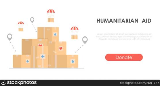 Humanitarian aid - charity concept with cardboard boxes. Banner for collecting help. Concept for world humanitarian day. Isolated flat vector illustration.. Humanitarian aid - charity concept with cardboard boxes. Banner for collecting help. Isolated flat vector illustration.