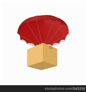 Humanitarian aid in a box with a parachute icon in cartoon style on a white background. Humanitarian aid in a box with a parachute icon