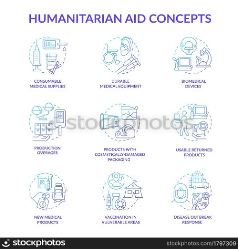 Humanitarian aid production concept icons set. Disable outbreak response. Vaccination and consumble medical supplies idea thin line color illustrations. Vector isolated outline drawings.. Humanitarian aid production concept icons set.