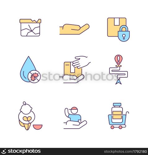 Humanitarian aid types RGB color icons set. Logistic in disaster response, charity and volunteering. Medical supply donation. Isolated vector illustrations. Simple filled line drawings collection. Humanitarian aid types RGB color icons set.