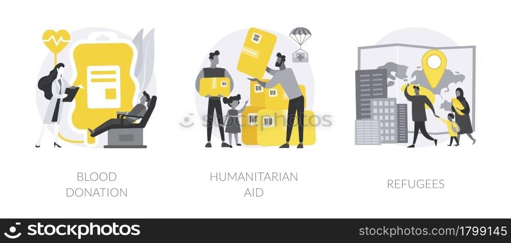 Humanitarian help abstract concept vector illustration set. Blood donation, humanitarian aid, refugees, transfusion center, crossing border, asylum seeker, immigration camp abstract metaphor.. Humanitarian help abstract concept vector illustrations.