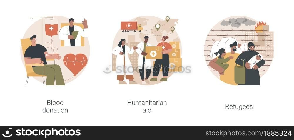 Humanitarian help abstract concept vector illustration set. Blood donation, humanitarian aid, refugees, transfusion center, crossing border, asylum seeker, immigration camp abstract metaphor.. Humanitarian help abstract concept vector illustrations.