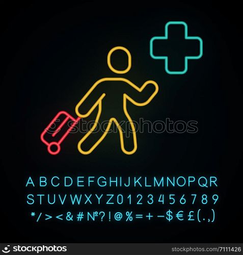 Humanitarian immigrant neon light icon. Refugee help. Emigrant with baggage. Travelling abroad. War victim evacuation. Glowing sign with alphabet, numbers and symbols. Vector isolated illustration