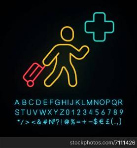 Humanitarian immigrant neon light icon. Refugee help. Emigrant with baggage. Travelling abroad. War victim evacuation. Glowing sign with alphabet, numbers and symbols. Vector isolated illustration