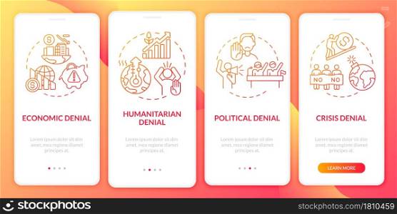 Humanitarian neglection orange onboarding mobile app page screen. Crisis denial walkthrough 3 steps graphic instructions with concepts. UI, UX, GUI vector template with linear color illustrations. Humanitarian neglection orange onboarding mobile app page screen